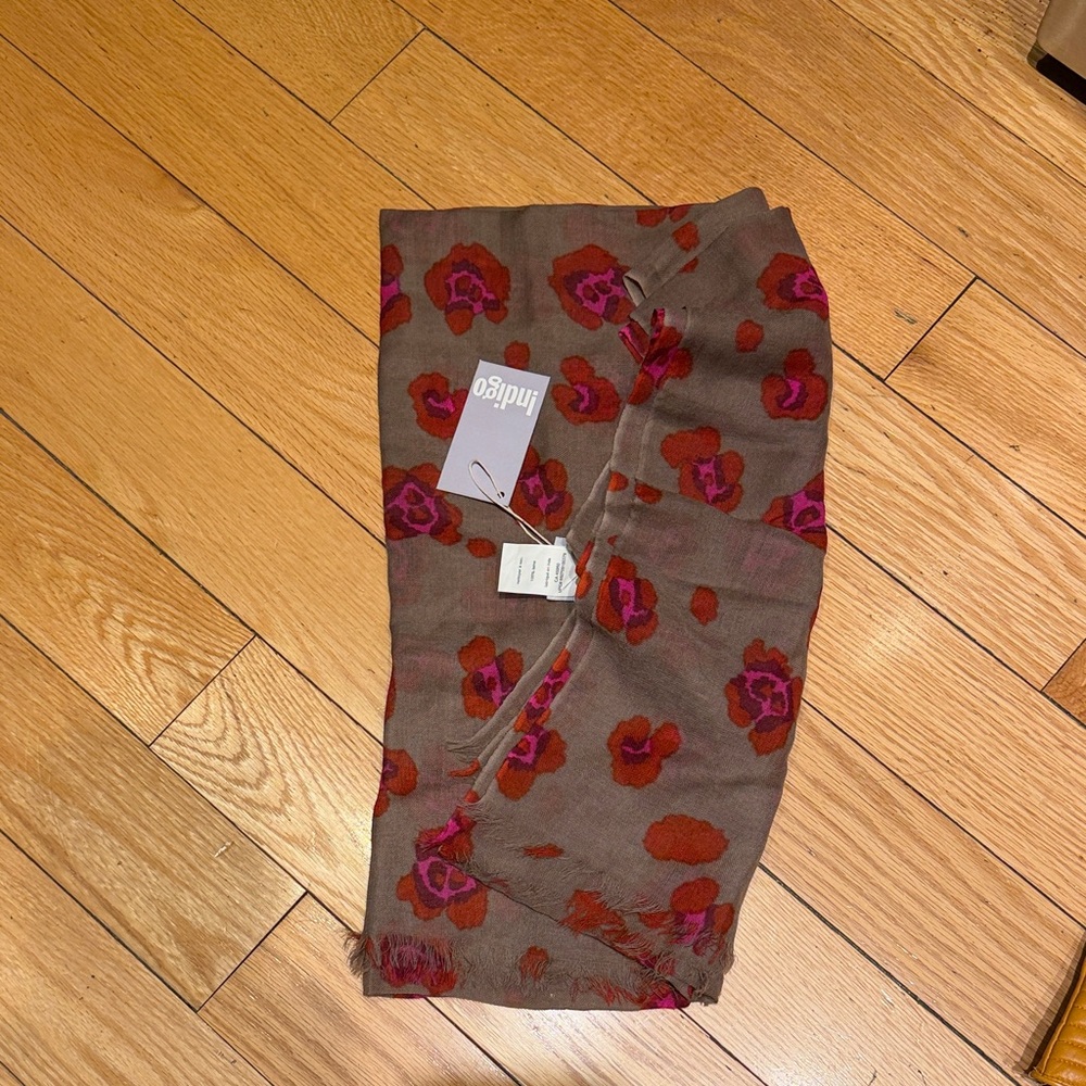 Indigo Brown Scarf with Red Floral Pattern